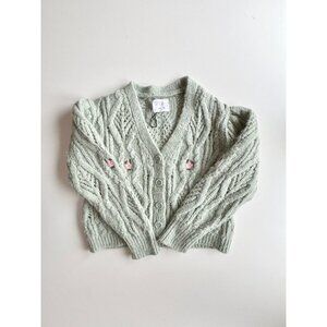 Girls' ZARA Light Green Cable Knit Embroidered Cardigan Sweater, Size 11-12